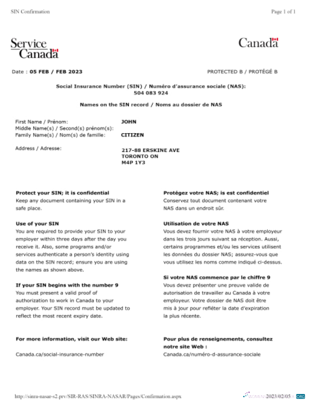 Download Canada social insurance number (SIN) confirmation Photoshop template